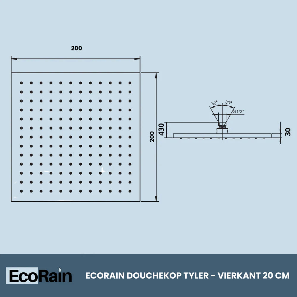 Vierkante RVS Regendouche met slang Tyler 20 cm - Chroom