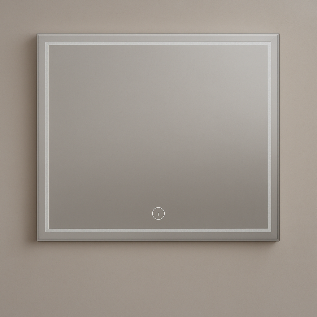 Vierkante badkamerspiegel met zichtbare, niet-geactiveerde LED-lichtrand en touchknop op een beige muur.