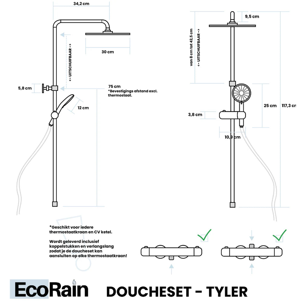 Regendoucheset Tyler 30 CM Rond Zonder Kraan - Zwart