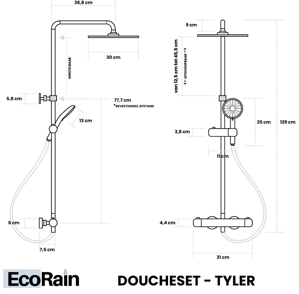 Regendoucheset Tyler 30 CM Vierkant met Thermostaatkraan - Zwart