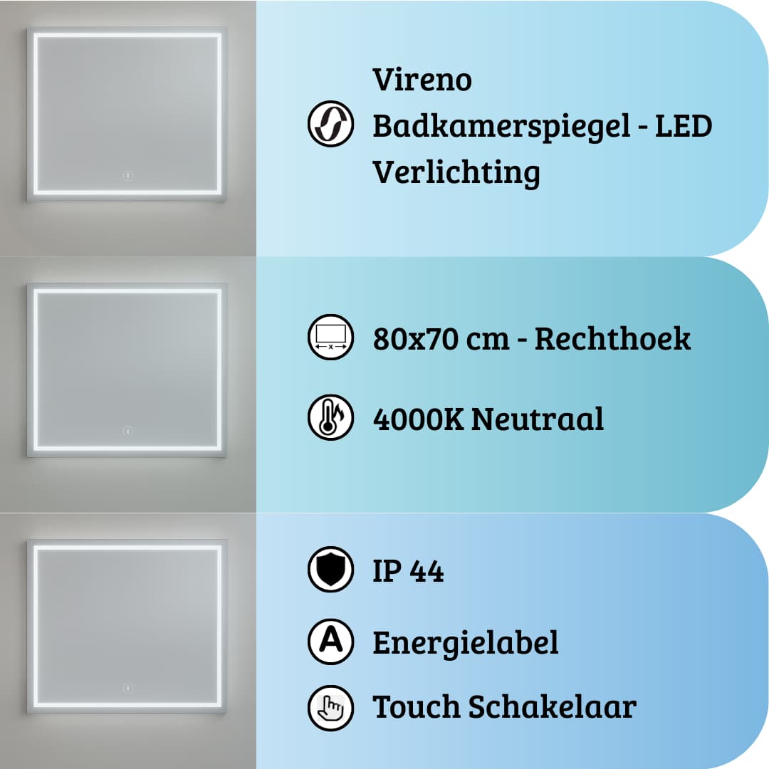 Vireno badkamerspiegel 80x70 cm met LED verlichting, 4000K neutraal licht, touch schakelaar en IP44 energielabel
