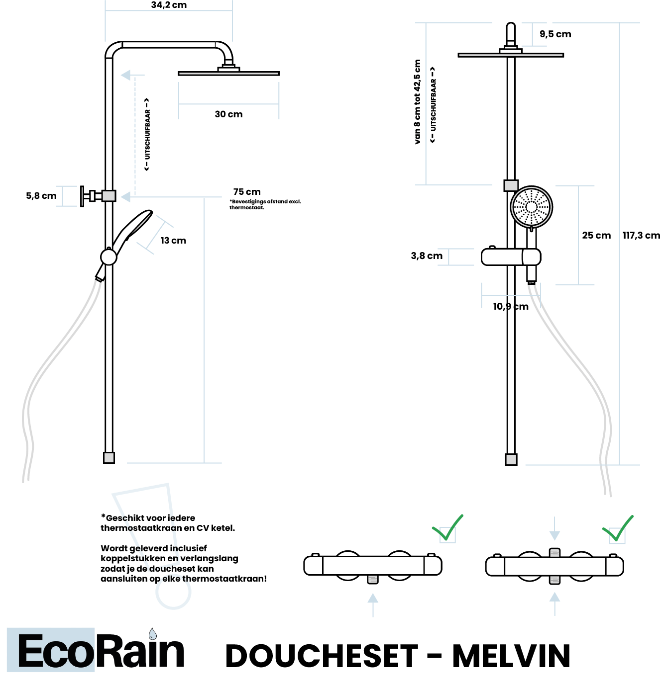 Regendoucheset Melvin 30 CM Zonder Kraan - Zwart
