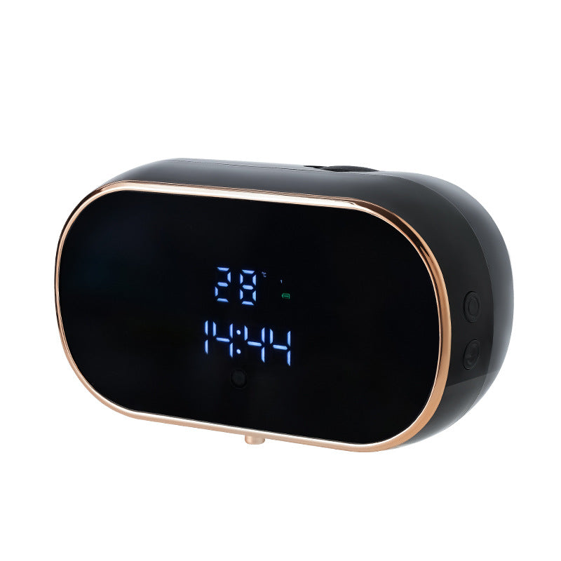 Zwarte automatische zeepdispenser met roségouden rand en digitaal display.