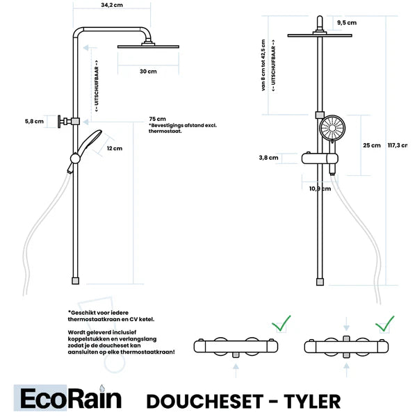 Regendoucheset Tyler 30 CM Vierkant Zonder Kraan - Zwart