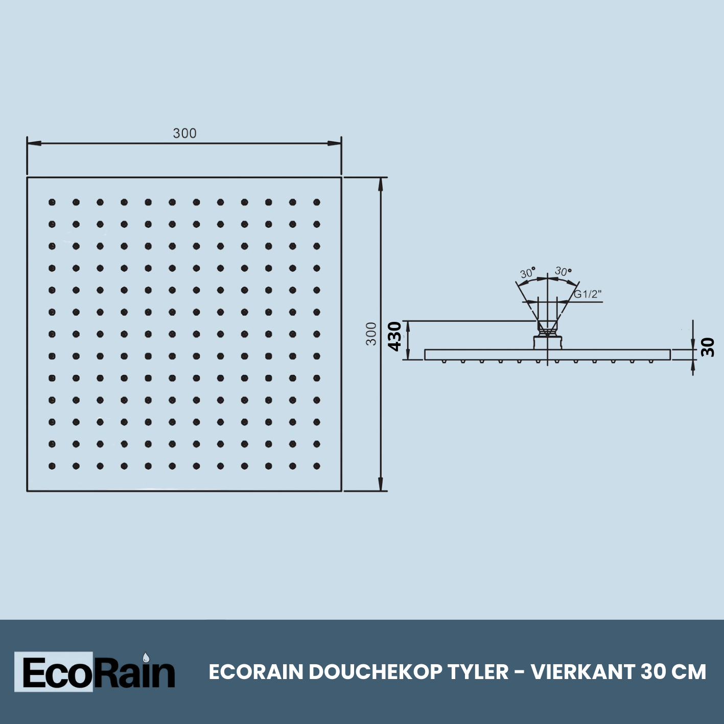 Vierkante RVS Regendouchekop Tyler 30 cm - Zwart