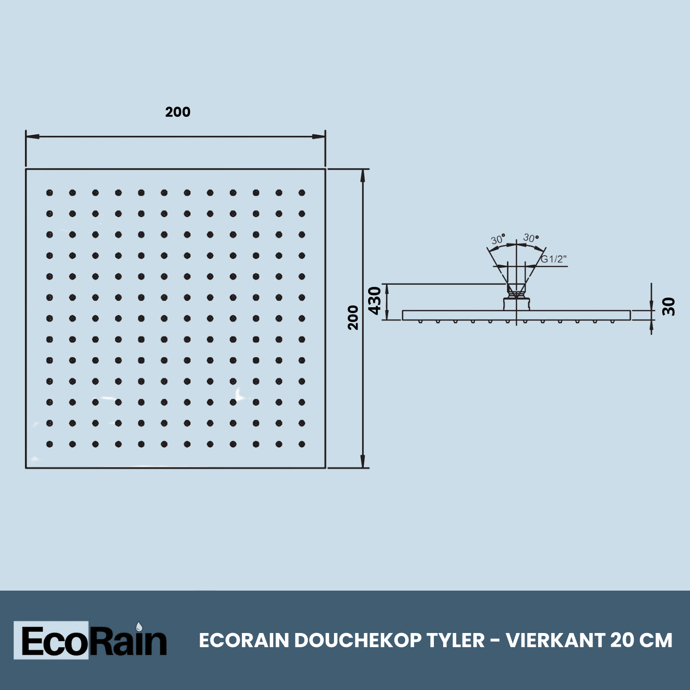 Vierkante RVS Regendouchekop Tyler 20 cm - Zwart
