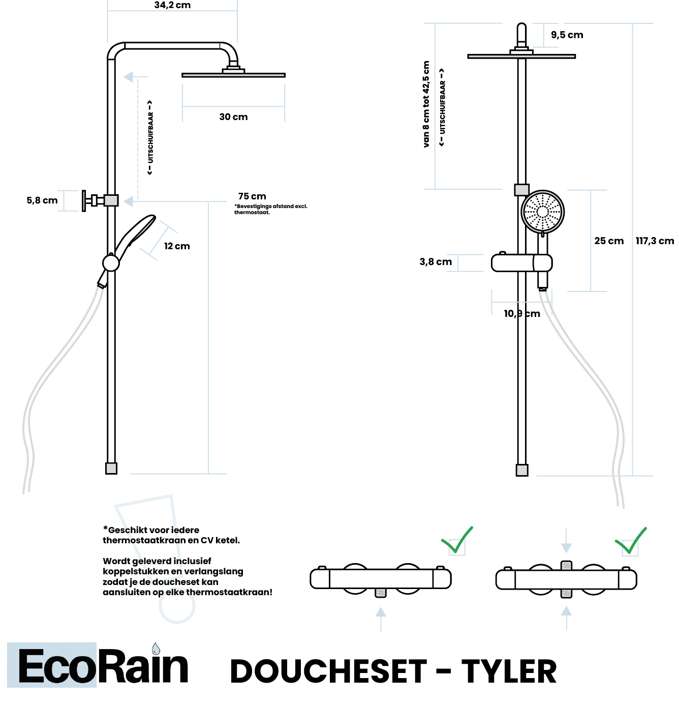 Waterbesparende Regendoucheset 30 cm Tyler Rond - Zonder Kraan