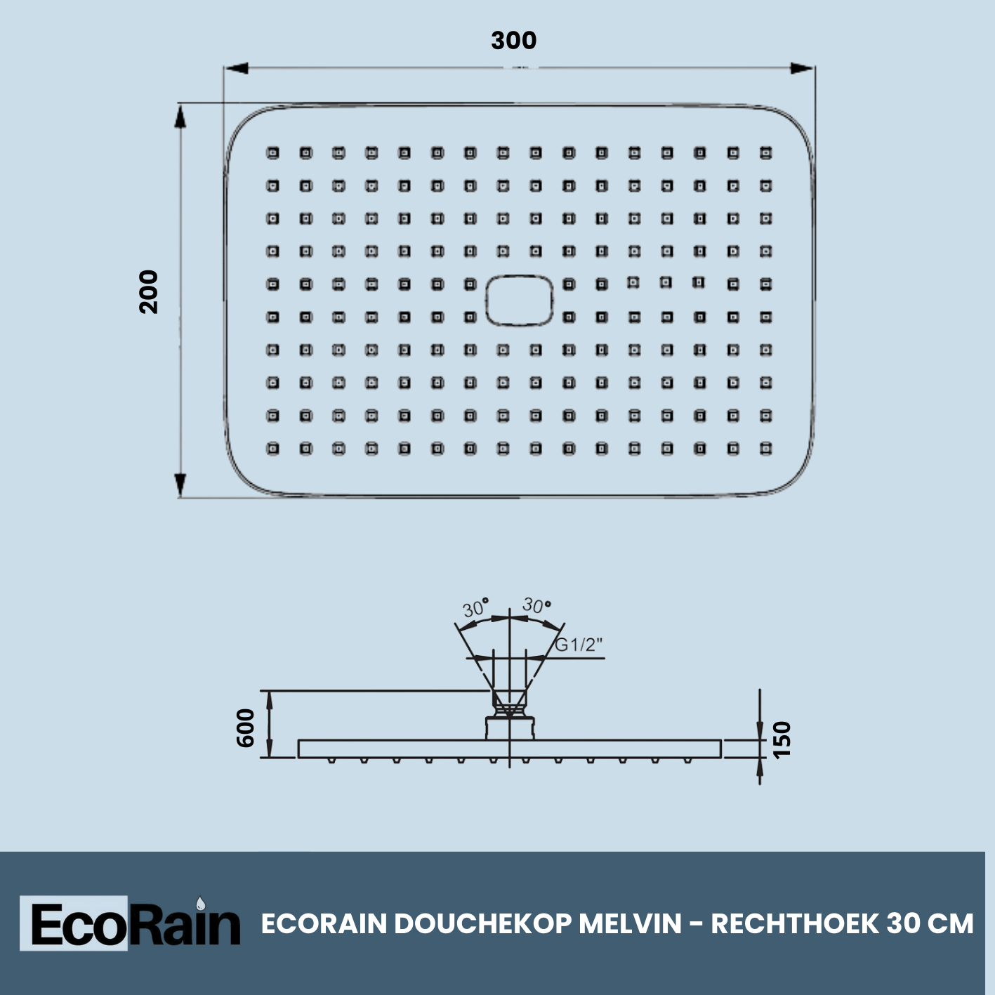 technische tekening regendouchekop Melvin XL 30 cm met afmetingen